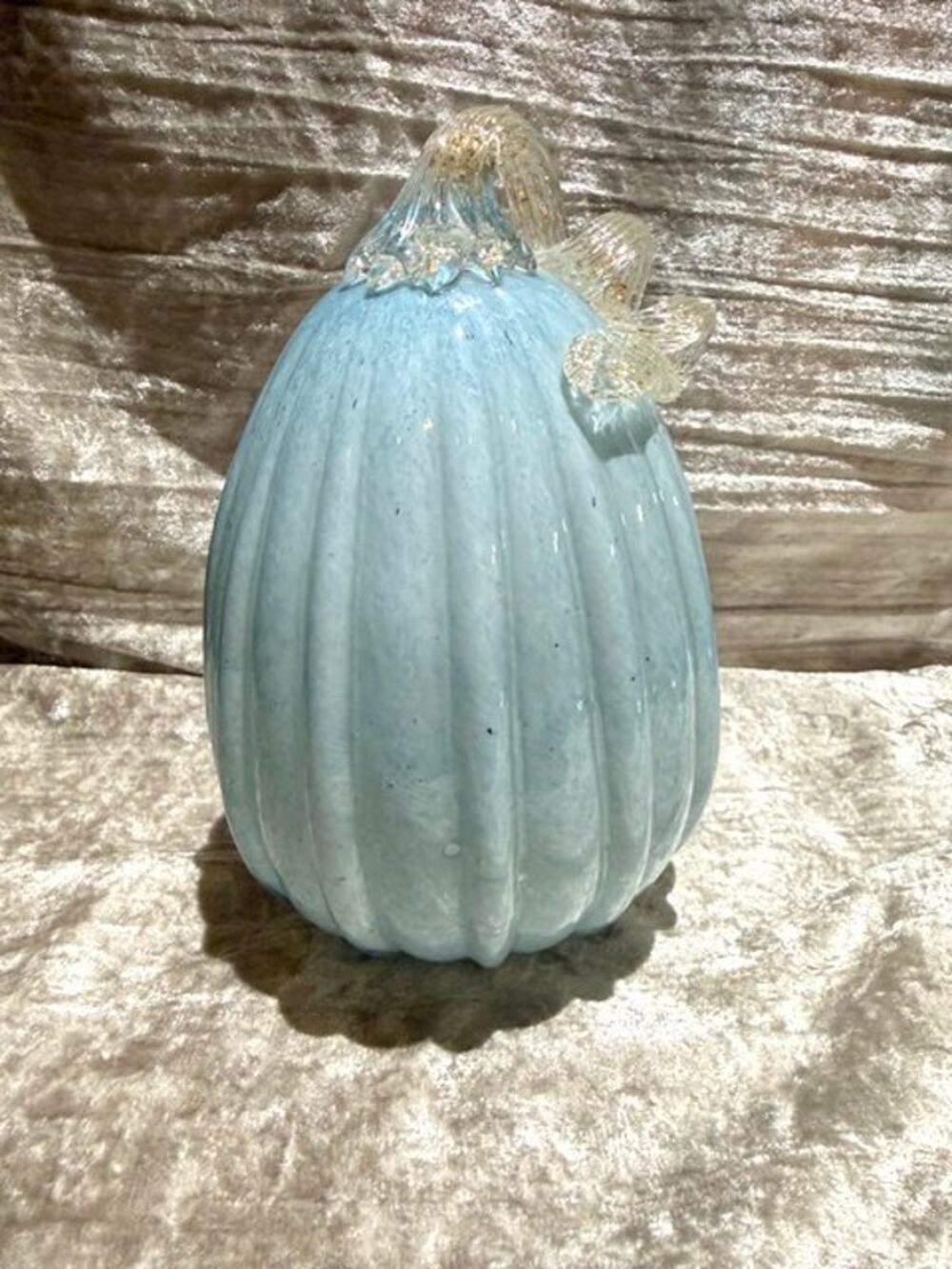 Art Glass Pumpkin Gourd Blue with twisted glass vine and gold flecks Fall Home